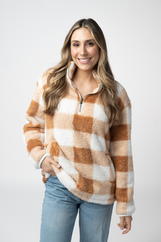 IN STOCK Sherpa Plaid Pullover - Camel
