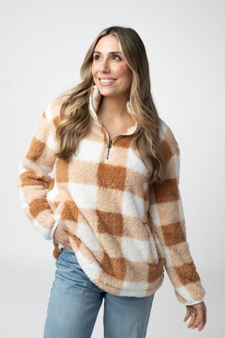 IN STOCK Sherpa Plaid Pullover - Camel