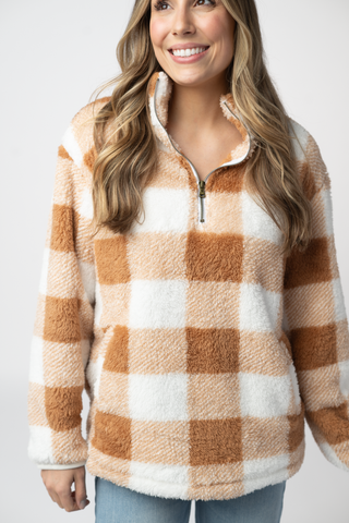 IN STOCK Sherpa Plaid Pullover - Camel