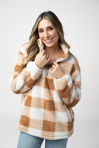 IN STOCK Sherpa Plaid Pullover - Camel