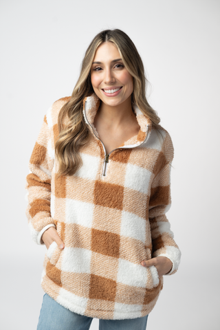 IN STOCK Sherpa Plaid Pullover - Camel