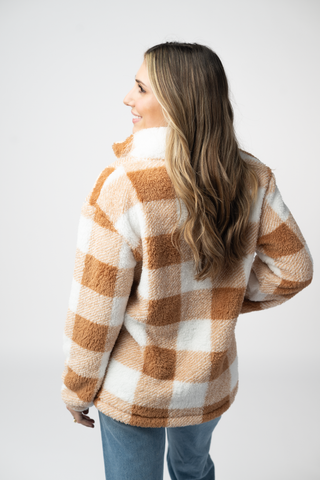 IN STOCK Sherpa Plaid Pullover - Camel