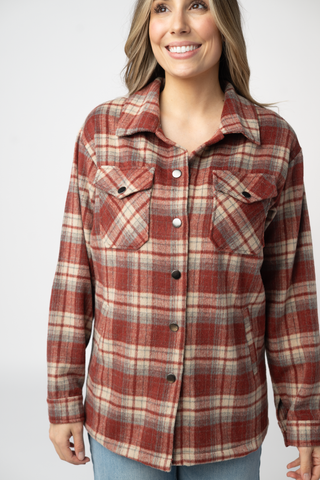 08.21 EN ROUTE Norah Shacket - Brick Plaid