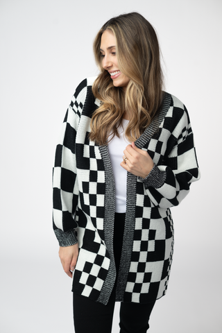 IN STOCK Long Checkered Pocket Cardigan - Black and White