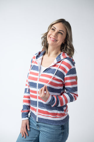 IN STOCK Fullzip Hoodie - Striped Red, White, and Micro Blue Stars