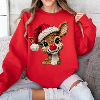 Faux Yarn Reindeer Crew Sweatshirt