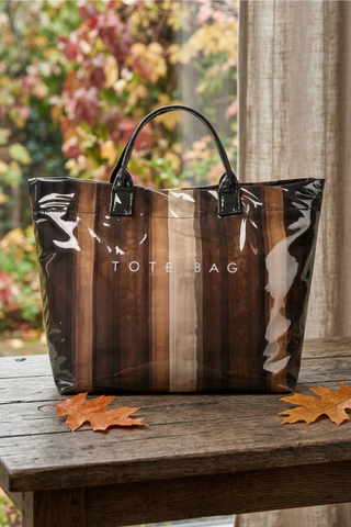 ETA 9/30-10/14 Brown Striped Vinyl Tote Bag