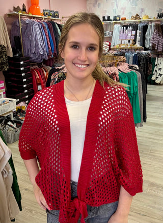 Eyelet Open-Knit Metallic Cardigan with Front Tie - OS