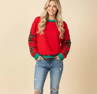 Merry & Bright Plaid Sleeve Pullover