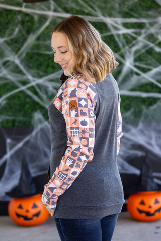 IN STOCK Zoey ZipCowl Sweatshirt -Trick-or-Treat Checkered and Charcoal FINAL SALE