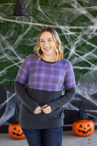 IN STOCK Natalie Pullover - Purple Plaid and Charcoal FINAL SALE