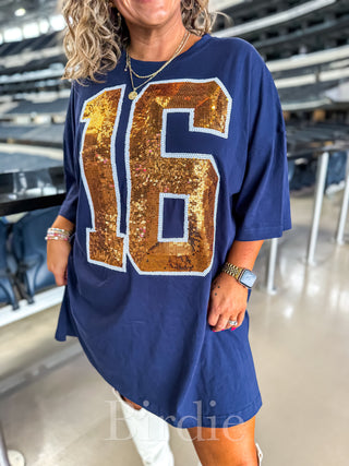 BIRDIE Navy & Orange Jersey Sequin Dress