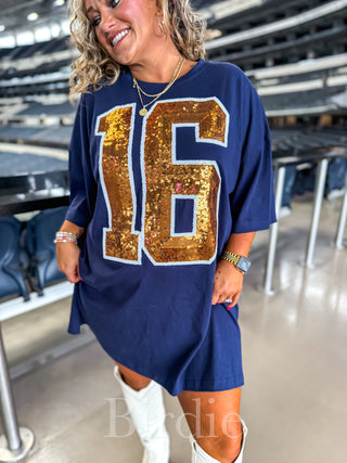 BIRDIE Navy & Orange Jersey Sequin Dress