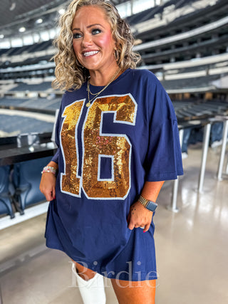 BIRDIE Navy & Orange Jersey Sequin Dress
