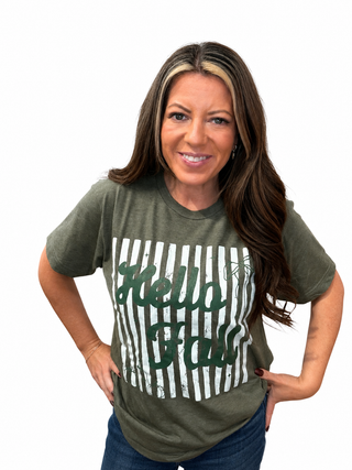 DOOR BUSTER - Hello Fall TShirt - Heathered Mil Green - Dallas Exclusive