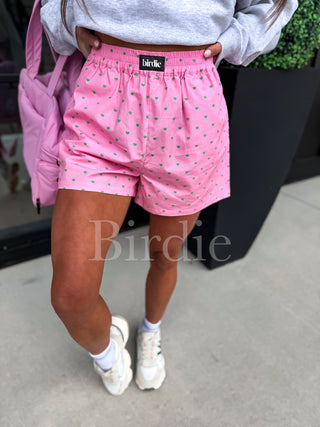 BIRDIE Boxer Shorts in Pink with Green Hearts