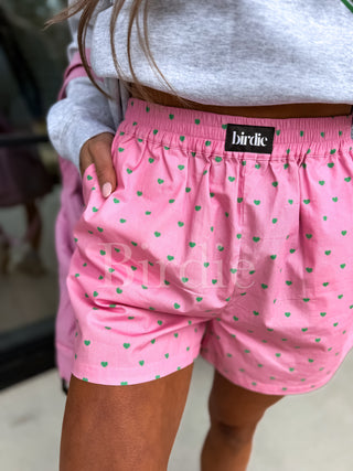 BIRDIE Boxer Shorts in Pink with Green Hearts