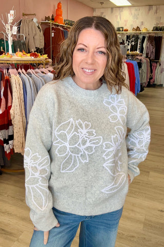 Floral Embroidered Knit Sweater in Grey