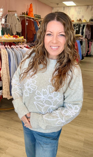Floral Embroidered Knit Sweater in Grey