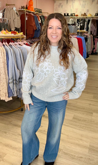 Floral Embroidered Knit Sweater in Grey