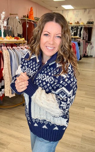 Vintage Pattern Sweater Zip-Up Cardigan