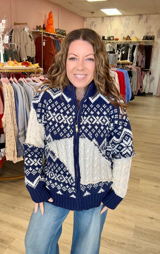 Vintage Pattern Sweater Zip-Up Cardigan