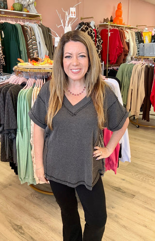 Charcoal Two Tone Comfy Ribbed Knit Top
