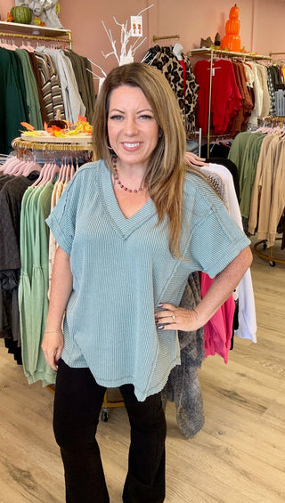 Blue Two Tone Comfy Ribbed Knit Top