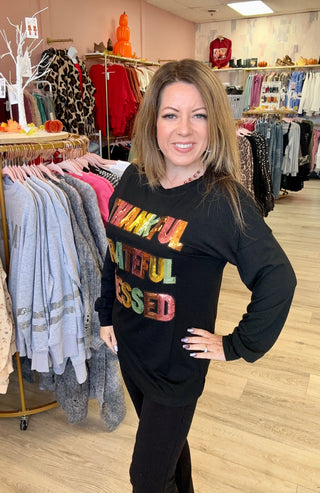 Sequin Thankful Grateful Blessed Top