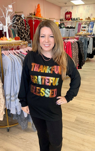 Sequin Thankful Grateful Blessed Top