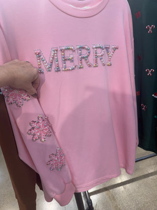 Pearl "Merry" on Pink Sweatshirt