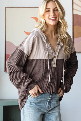 Brown Urban Ribbed Contrast Hoodie