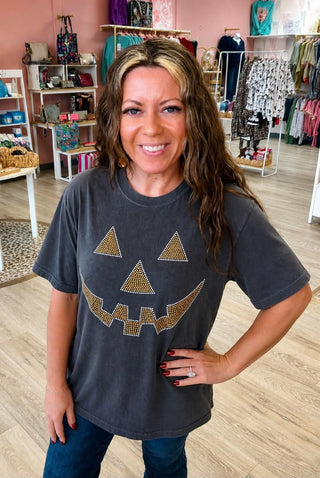 Rhinestone Pumpkin Face Tshirt RTS