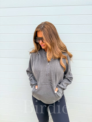BIRDIE Black Ash Wash Boxy Quarter Zip Pullover