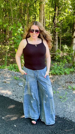 Patchwork Printed Washed Denim Pants