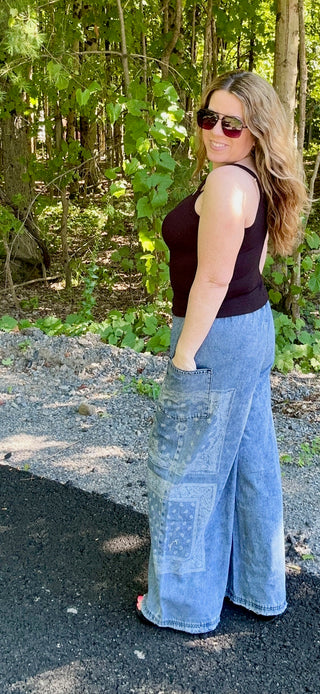 Patchwork Printed Washed Denim Pants