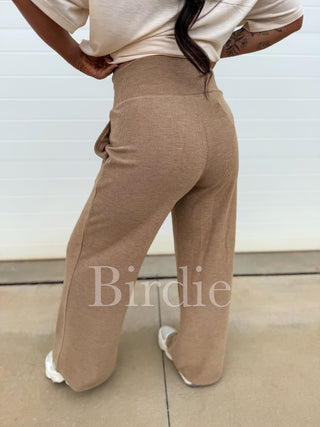 BIRDIE Ribbed Wide Leg Pants with Tummy Control in Tan