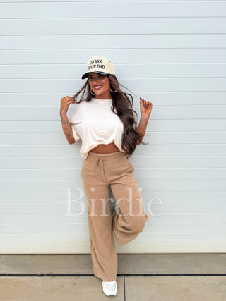 BIRDIE Ribbed Wide Leg Pants with Tummy Control in Tan