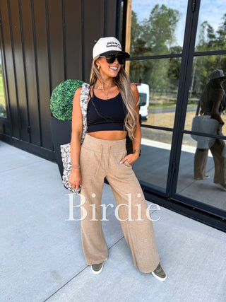 BIRDIE Ribbed Wide Leg Pants with Tummy Control in Tan