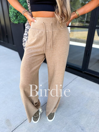 BIRDIE Ribbed Wide Leg Pants with Tummy Control in Tan