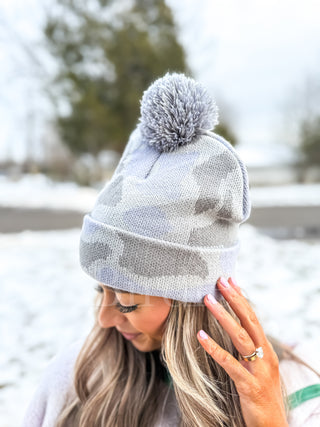 BIRDIE Gray Duck Camo Puff Beanie