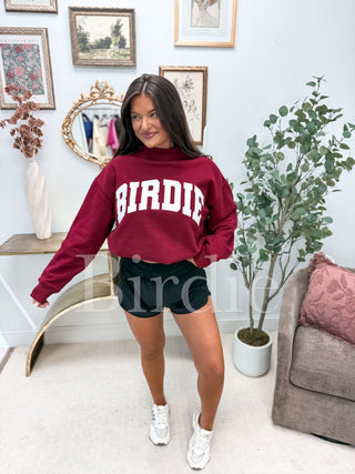 BIRDIE Embroidered Mock Neck Pullover in Maroon