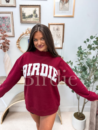 BIRDIE Embroidered Mock Neck Pullover in Maroon