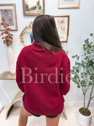 BIRDIE Embroidered Mock Neck Pullover in Maroon
