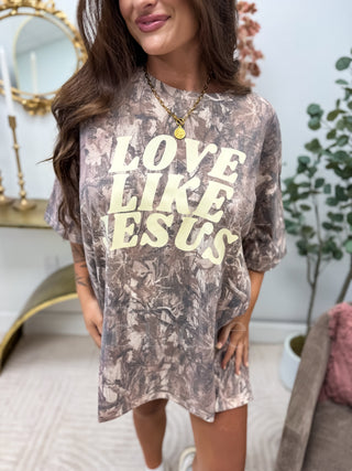 BIRDIE Love Like Jesus Graphic on Dark Camo Tee