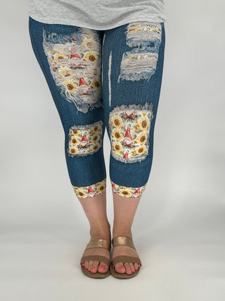 Denim Sunflower Gnome Capri w/ Pockets