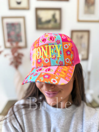 BIRDIE Honey Embroidered on Paisley Patch Trucker Hat