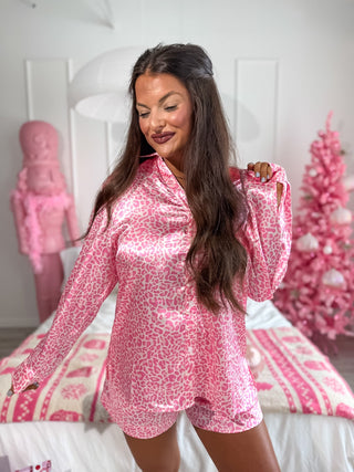 BIRDIE PREORDER After Dark Satin Set in Pink Party Leopard