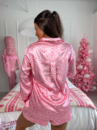 BIRDIE PREORDER After Dark Satin Set in Pink Party Leopard