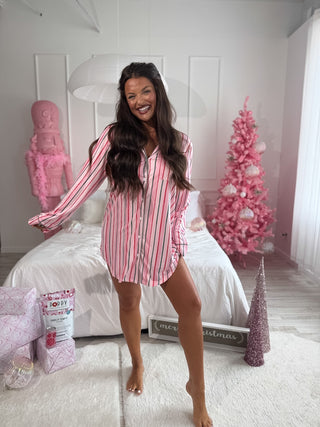 BIRDIE PREORDER Long Sleeve Sleep Dress in Sugar Plum Stripe